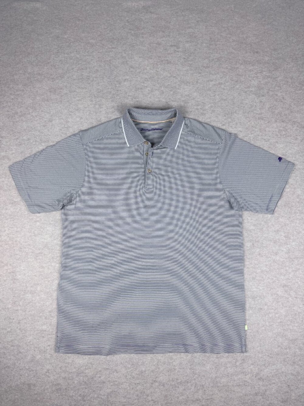 Tommy Bahama Tencel Blend Polo Mens Large Silver Gray Stripe Short Sleeve Shirt